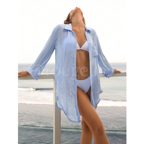 Blue Button Down Shirt Long Sleeve Chest Pocket - Picture 3 of 9